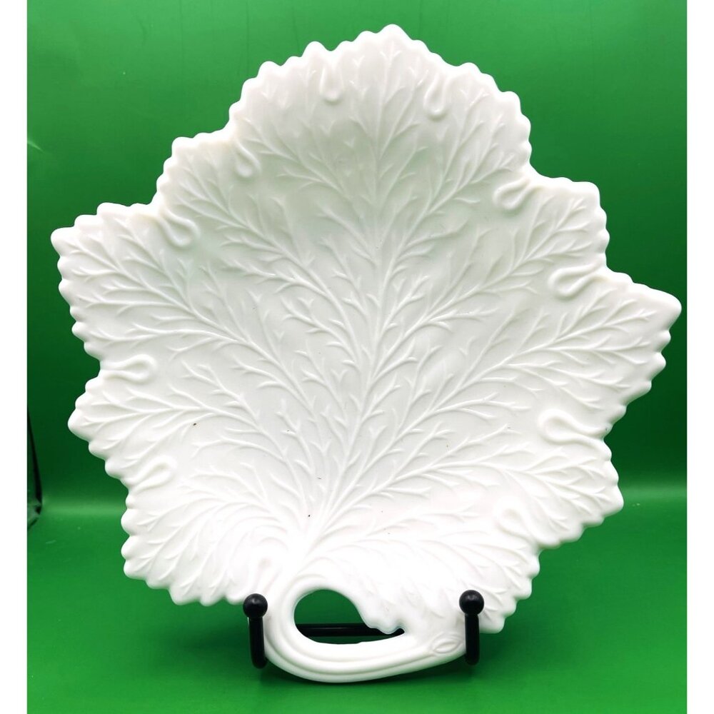 Vintage Milk Glass Grape Leaf Dish Plate Embossed Sawtooth Edge Mid Century MCM